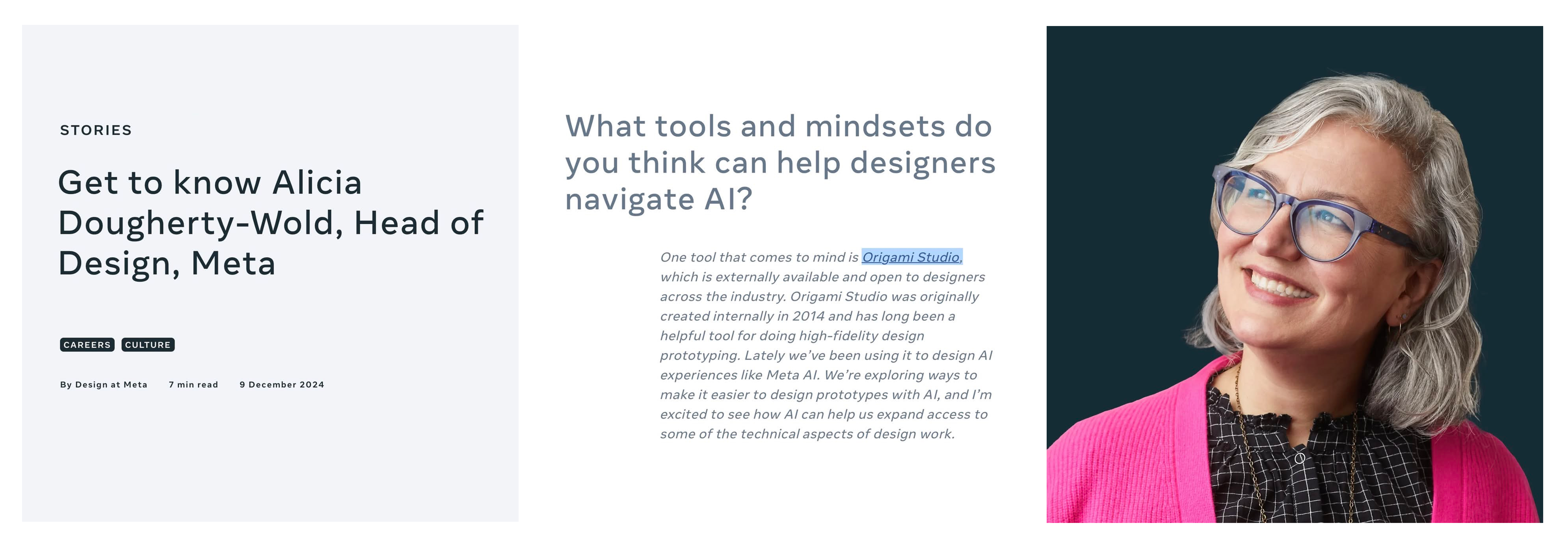 Meta 'Design at Meta' story: Alicia Dougherty-Wold, Head of Design, Meta, on how designers can navigate AI, citing Origami Studio as a tool the team uses to design AI experiences like Meta AI.